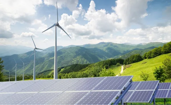 Photo avec des éoliennes et des panneaux solaires.